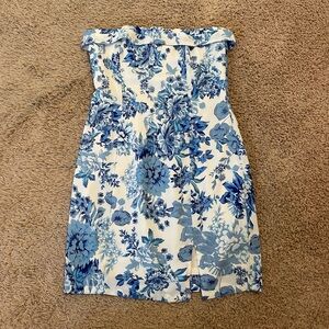 Hello Molly Floral Strapless Dress in Blue and White